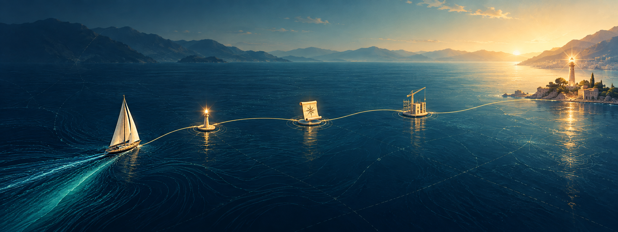 A boat following a route through distinct waypoints toward an illuminated harbor.